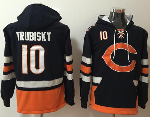 Nike Bears #10 Mitchell Trubisky Navy Blue/Orange Name & Number Pullover NFL Hoodie - Click Image to Close